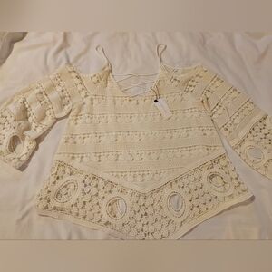 Sugarlips Ivory Crochet Lace Cold Shoulder Cotton Blouse